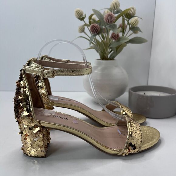 Steve Madden Carrson Sandal Gold Sequin Ankle Strap Block Heel Women's US 6 M - Picture 3 of 10